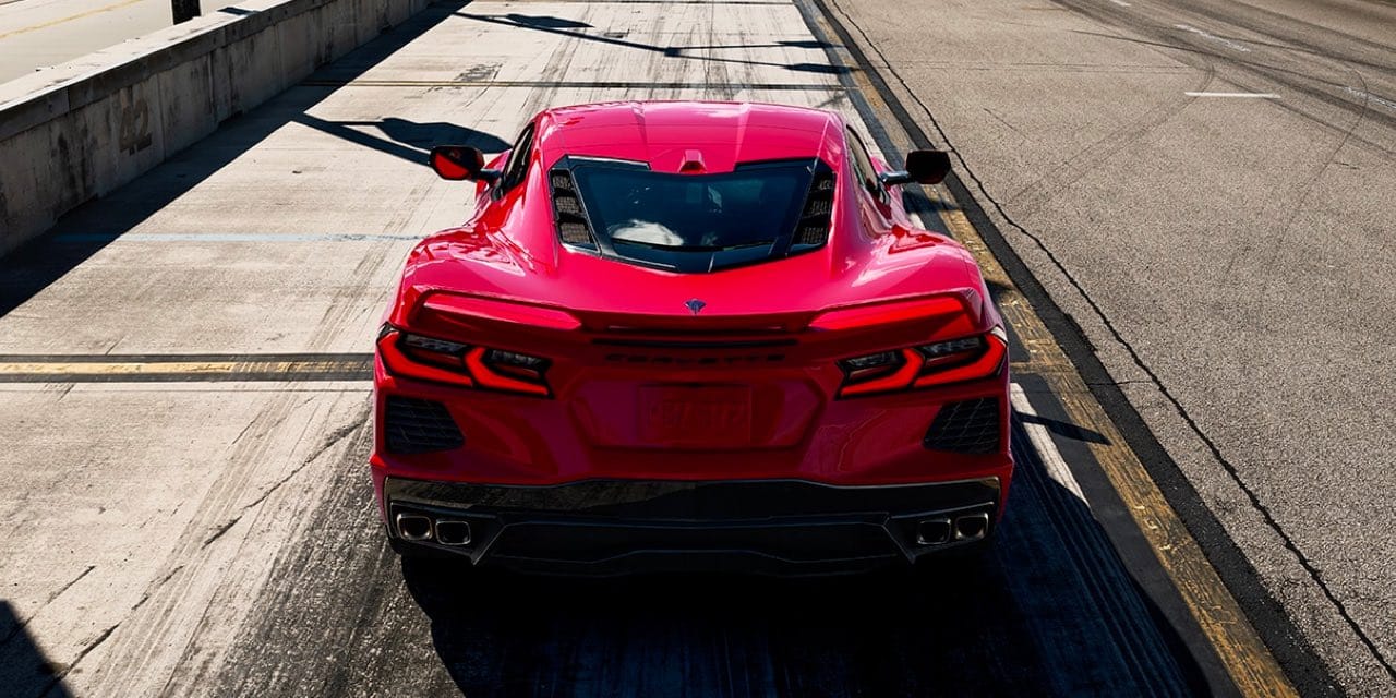 2021 Red Chevrolet Corvette Rear Elevated View of Corvette parked on strip